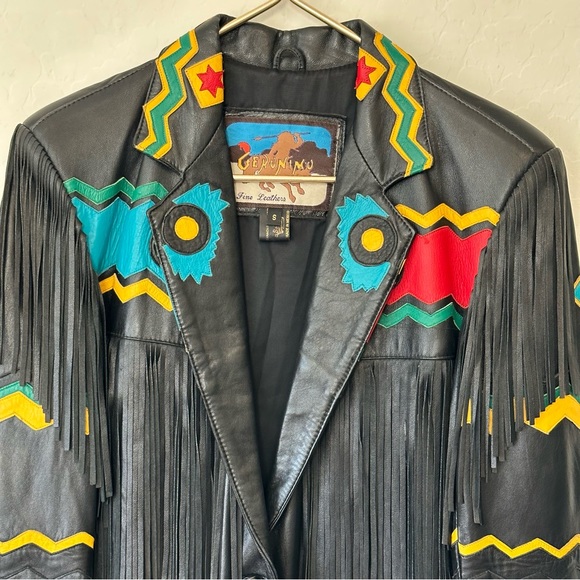 VINTAGE GERUNIMU LEATHER NATIVE INDIAN CHIEF FRINGE BLAZER JACKET SZ S, Mexico - Picture 3 of 12
